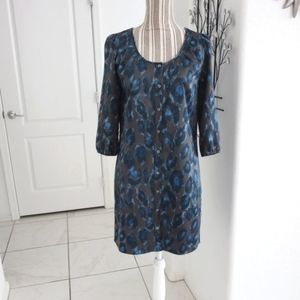 New Express Satin Button Down Print Dress Blues Charcoal Grey Above Knee